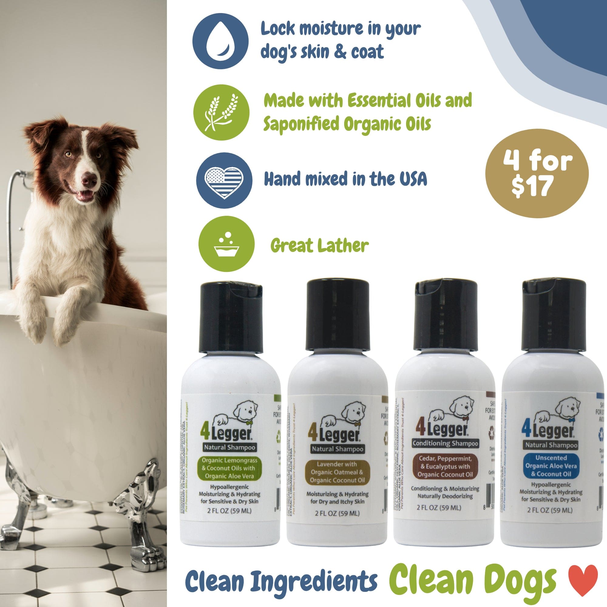 Sample Pack of 4 Legger Organic Dog Shampoo 2 oz each